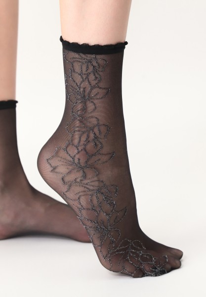 Oroblu - caurspīdīgas puķu raksta zeķes līdz potītēm ar lurex efektu