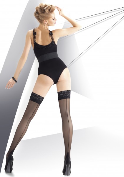 Annes Exclusive Calze 20 den necaurspīdīgas ar vīli pašpieturošās zeķes ar skaistu puķu raksta mežģīņu augšdaļu